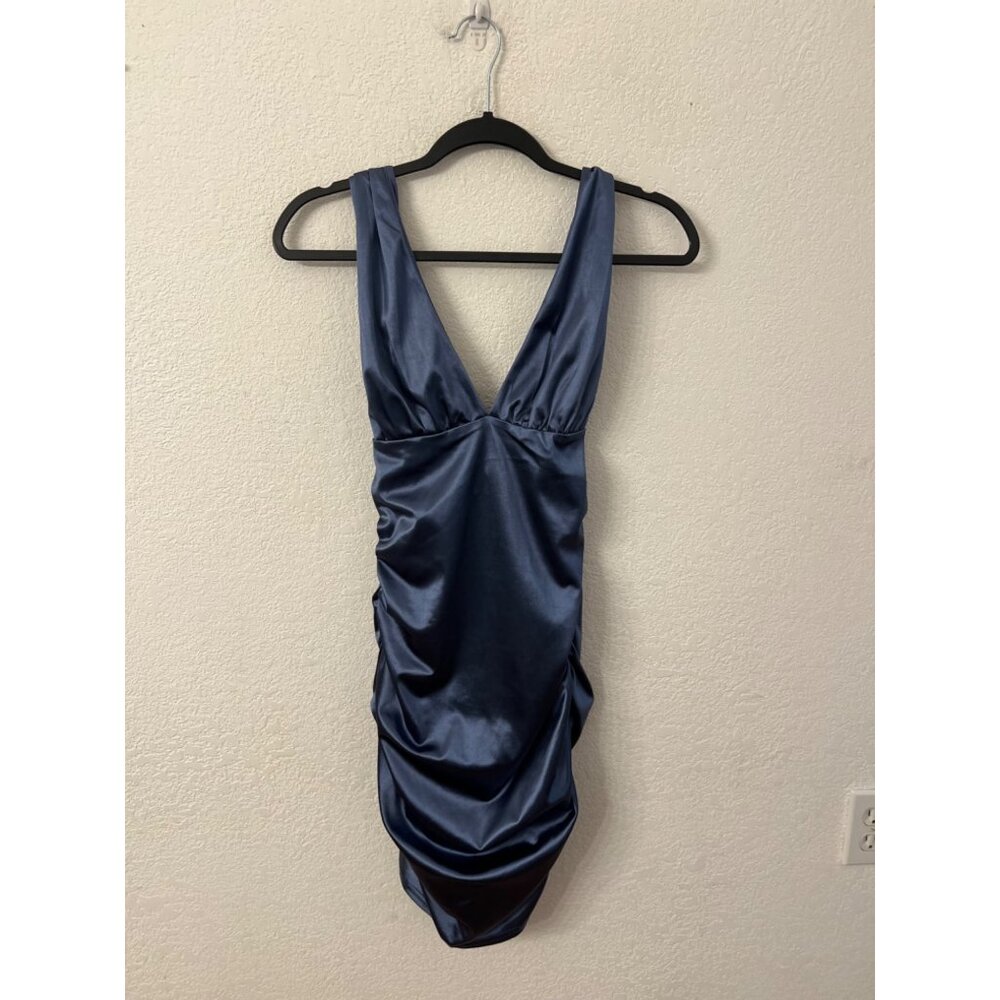 Better Be Midnight Blue Satin Ruched Dress women size Medium